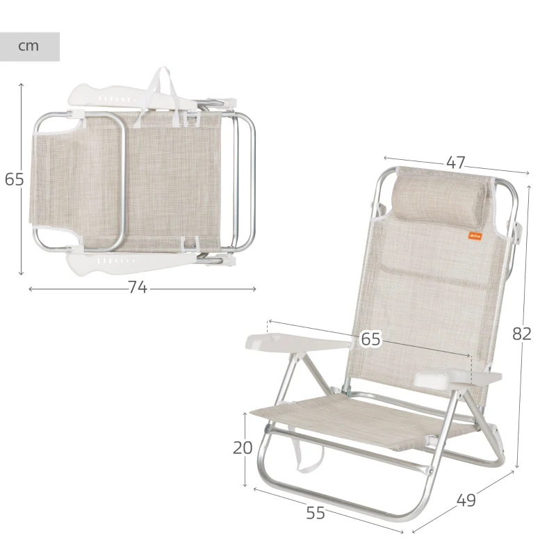 Silla de Playa Aktive Plegable Reclinable 8 Posiciones con Cojín y Asas, 74x12x65 Cm, Beige