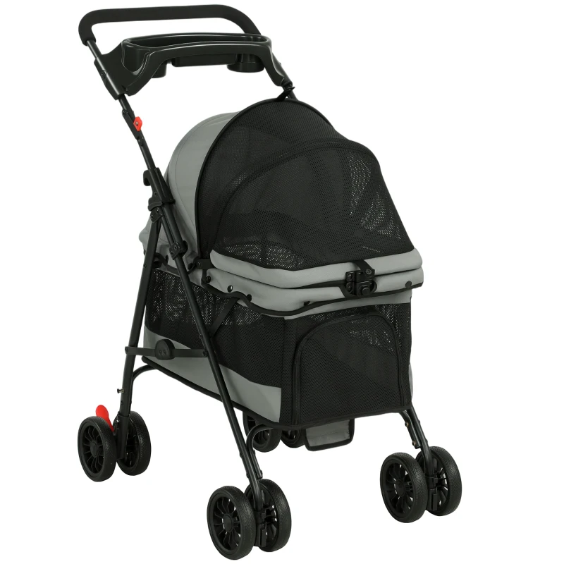 PawHut Poussette pour Chien Pliable, 4 Roues EVA, Fenêtres en Maille, Laisses de Sécurité, Coussin Amovible, 73x50x96cm, Gris