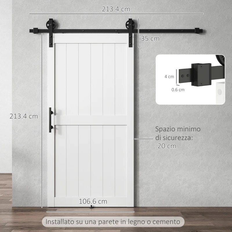 HOMCOM Porta Scorrevole in Stile Country con Binario e Maniglia in Legno e Acciaio, 106.6x213.4 cm, Bianco e Nero