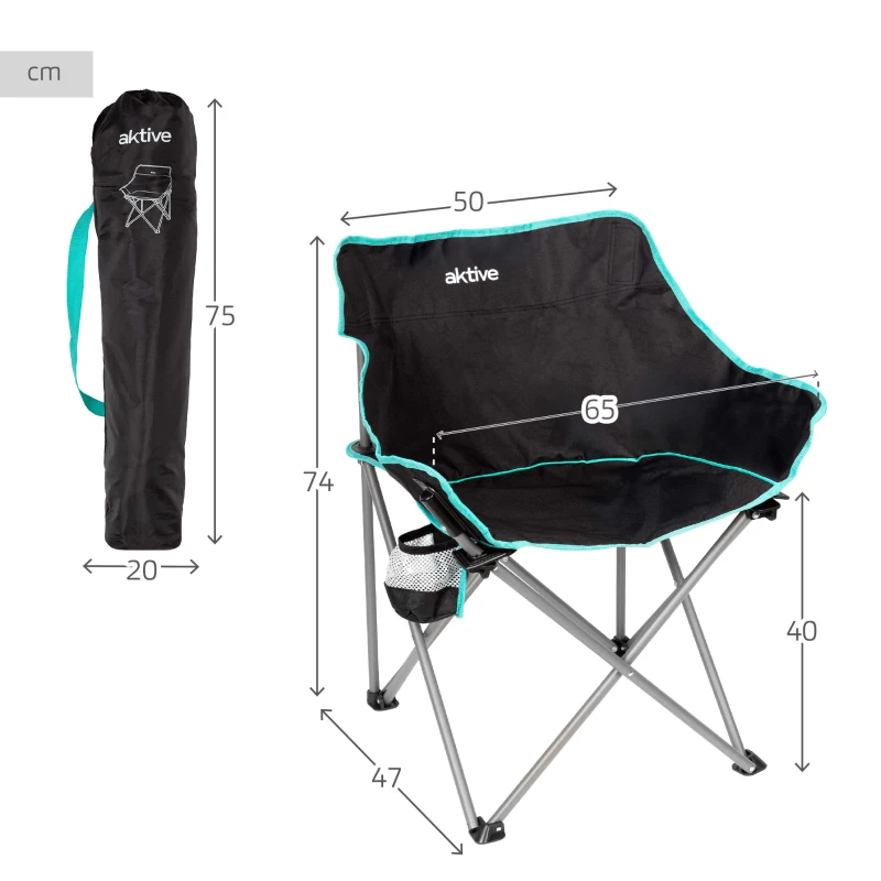 Silla Plegable Camping con Posavasos y Bolsa, 50x47x74 Cm, Negra