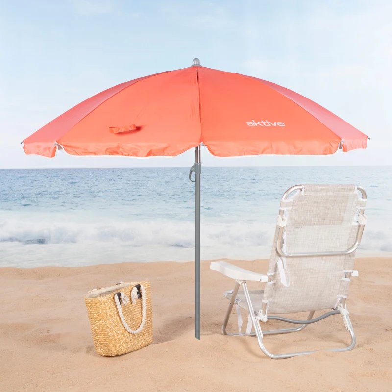 Sombrilla Playa Aktive, 8 Varillas Fibra de Vidrio, Mástil Inclinable, Ø180 Cm, Coral