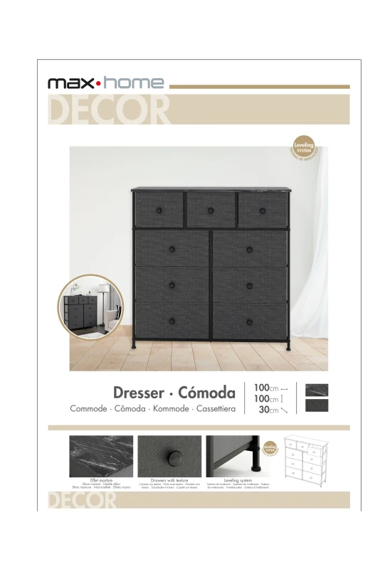 Cómoda 9 Cajones de Tela Efecto Mármol, 100x30x100 Cm, Negro