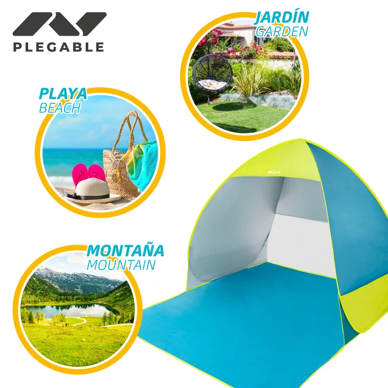 Tienda de Playa Pop Up Montaje Instantáneo, 140x160x110 Cm, Azul y Verde