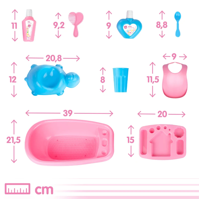 Set Accesorios Bebé para Muñecos 20 Piezas con Bañera, 36x10x36 Cm, Rosa y Azul