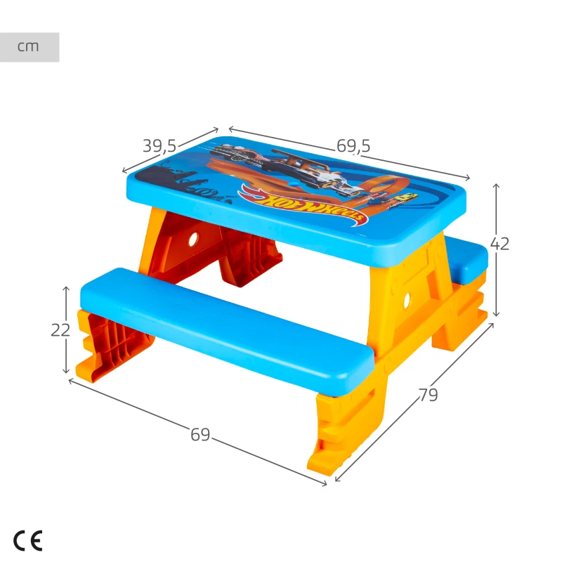 Mesa de Picnic Infantil Hot Wheels con 2 Banquetas Integradas, 69x79x42 Cm, Azul y Naranja