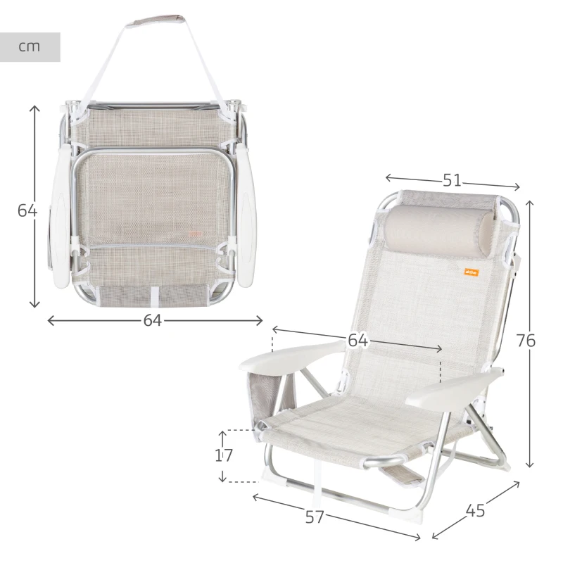 Silla Plegable Multiposición Aktive con Cojín y Bolsillo, 51x45x76 Cm, Beige