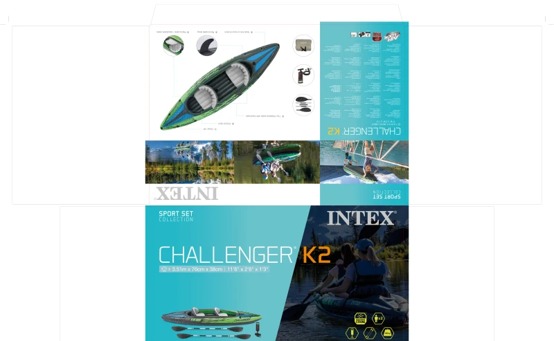 Kayak Hinchable Challenger K2 2 Plazas I-Beam y Suelo Hinchable, 351x76x38 Cm, Verde, Negro y Azul