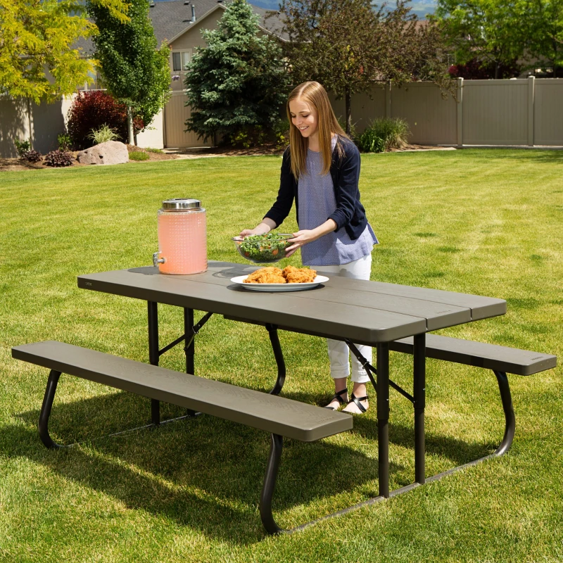 Mesa Picnic Plegable con Bancos Integrados Ultrarresistente, 183x76x74 Cm, Marrón