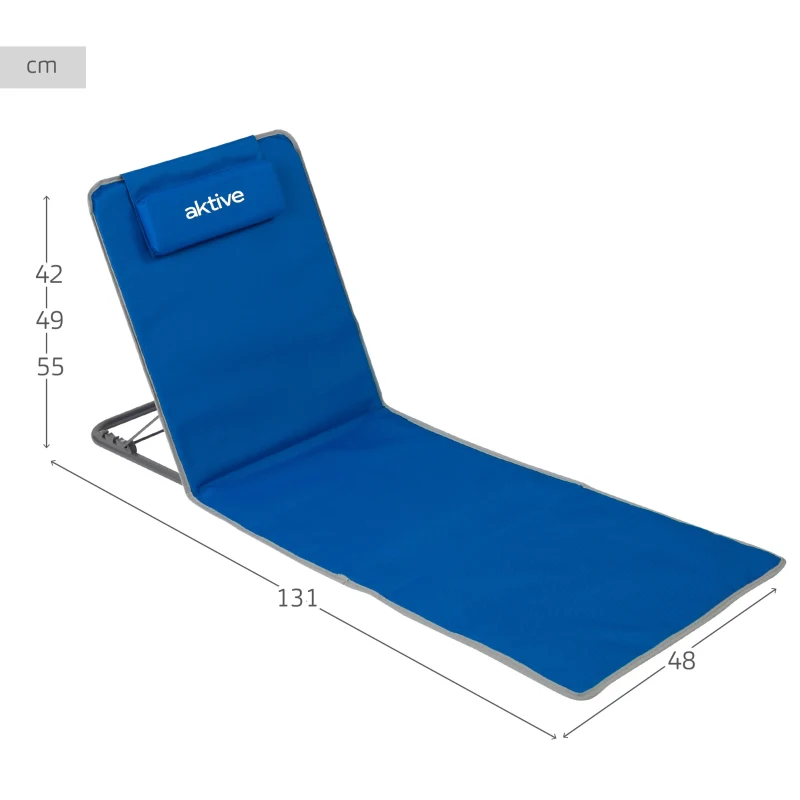 Esterilla Plegable de Playa Respaldo Reclinable 3 Posiciones Cojín Bolsillo, 48x131x55 Cm, Azul