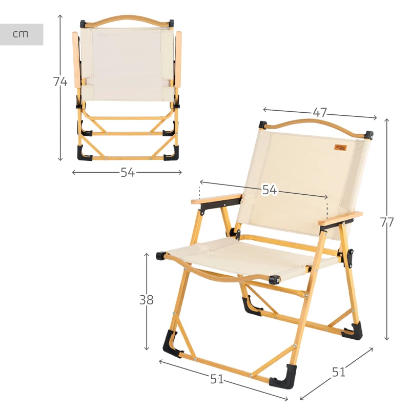Silla Plegable Alta Glamping con Estructura de Aluminio Efecto Madera, 47x51x77 Cm, Crema