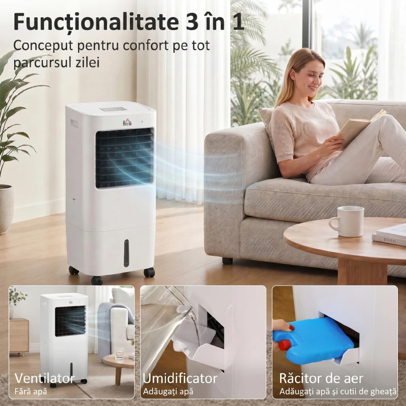 HOMCOM Răcitor Evaporativ și Ventilator cu Gheață 3 în 1 cu 3 Viteze și Cronometru, 32x37x74 cm, Alb