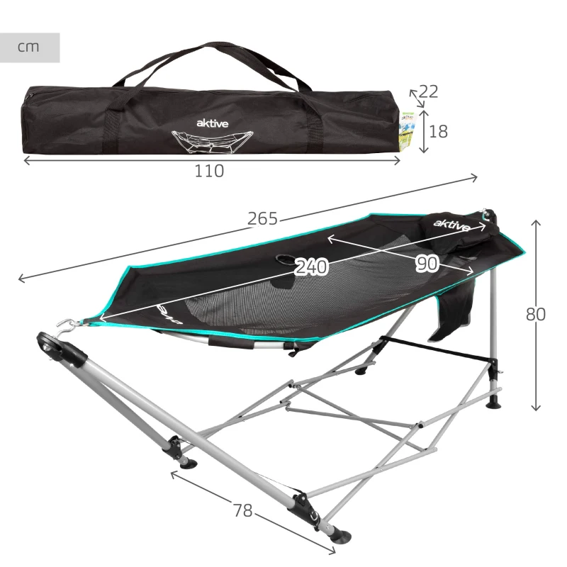Hamaca Plegable con Estructura de Acero y Posavasos, 265x78x80 Cm, Gris