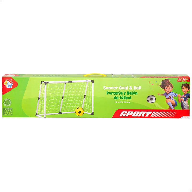 Set Portería Fútbol Plegable con Balón e Hinchador, 132x101x59 Cm, Blanco y Negro