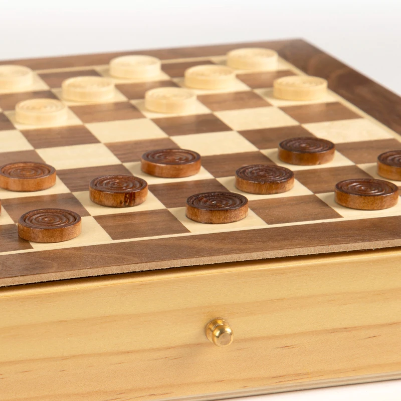 Juego 2 en 1 Ajedrez y Damas de Madera con Cajón, 30x30x5,5 Cm, Marrón y Blanco