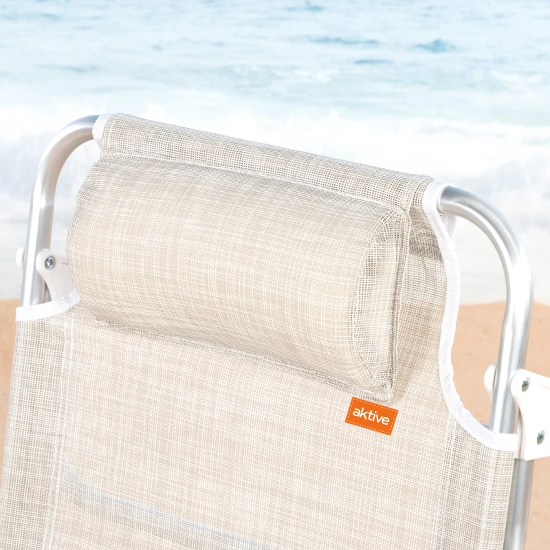 Silla de Playa Aktive Plegable Reclinable 8 Posiciones con Cojín y Asas, 74x12x65 Cm, Beige