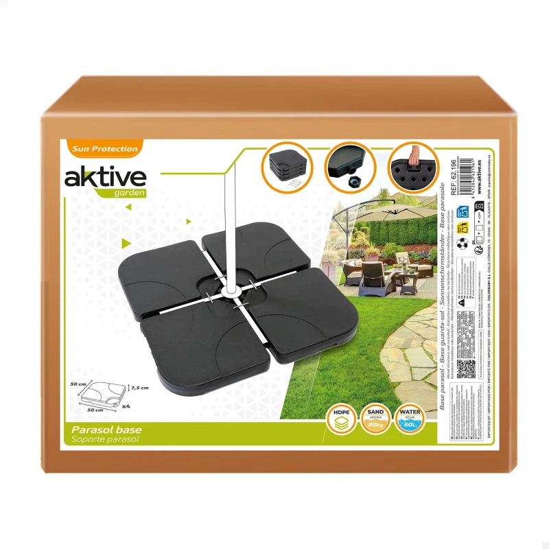Base Parasol Rellenable Cuadrada 4 Piezas 50x50x7,5 Cm, Negro