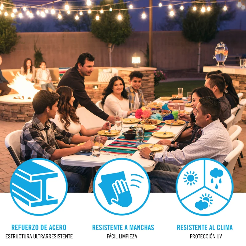 Mesa Rectangular Plegable con Estructura de Acero, 244x76x74 Cm, Blanco Efecto Granito