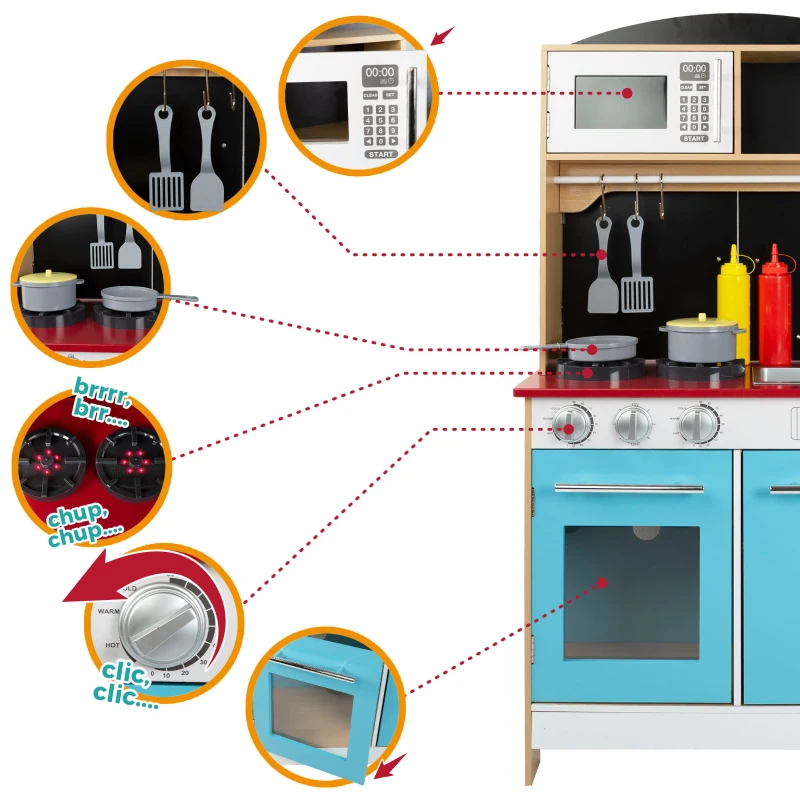 Cocinita Heladería de Madera 2 en 1 con 25 Accesorios, 59,7x39,4x108,6 Cm, Madera Natural