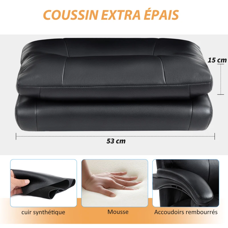 HOMCOM Chaise bureau ergonomique fauteuil de bureau en PU soutien lombaire gonflable dossier inclinable hauteur réglable noir