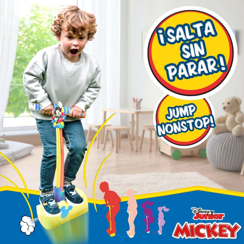 Saltador Pogo 3D Mickey, Base de Espuma Sonora y Mango Antideslizante, 22,5x9,5x42 Cm, Amarillo y Azul