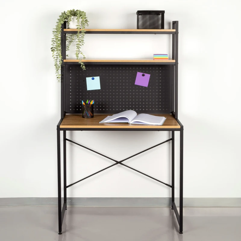 Escritorio Max Home con Estantería y Tablero Perforado, 85x50x148 Cm, Negro