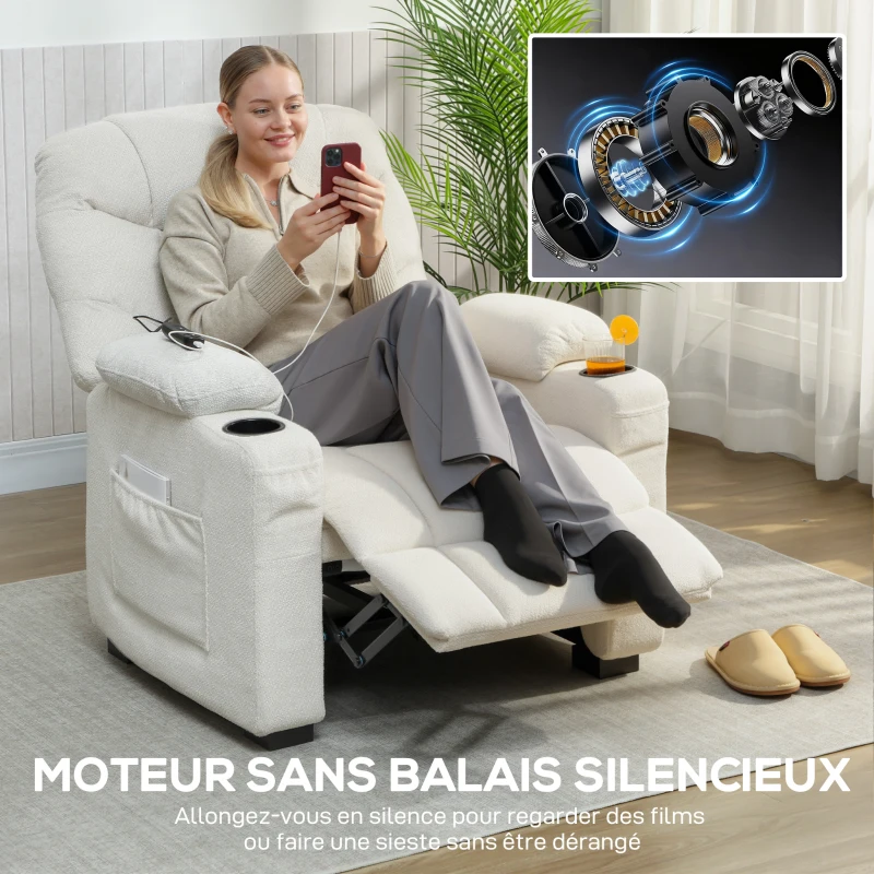 HOMCOM Fauteuil relax électrique, fauteuil inclinable, port USB, repose-pieds, porte-gobelets, 94 x 90 x 105 cm, crème