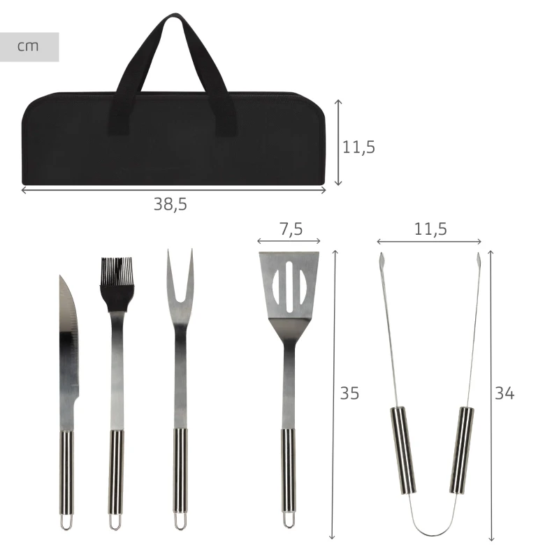 Estuche Utensilios Barbacoa Aktive 5 Piezas Inoxidables Resistente al Calor, 38,5x5x11,5 Cm, Acero