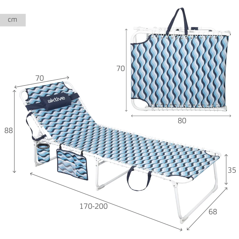Tumbona Playa Plegable Multiposición, 200x70x88 Cm, Azul