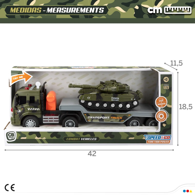Camión Portacoches Militar Escala 1:16 con Luz y Sonido, 42x11,5x18,5 Cm, Verde