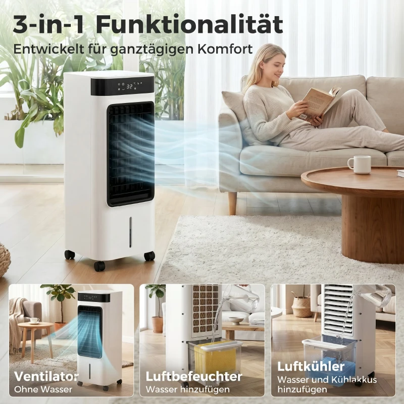 HOMCOM Mobiler Luftkühler, 3-in-1 Verdunstungskühler mit 7-Liter-Wassertank, 48° Schwenkfunktion, Weiß