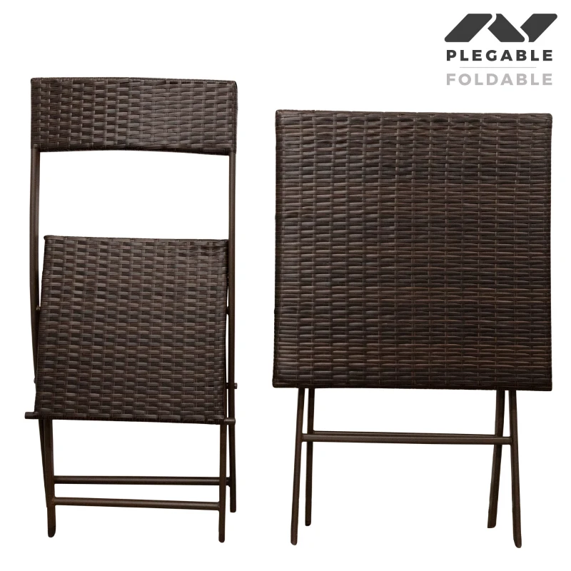 Conjunto Mesa y Sillas para Terraza Plegables de Ratán Sintético, 60x60x72 Cm, Marrón