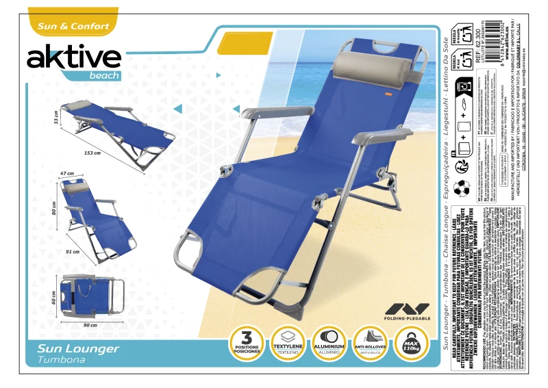 Tumbona Plegable Playa Reclinable 3 Posiciones con Cojín Extraíble, 47x153x33 Cm, Azul