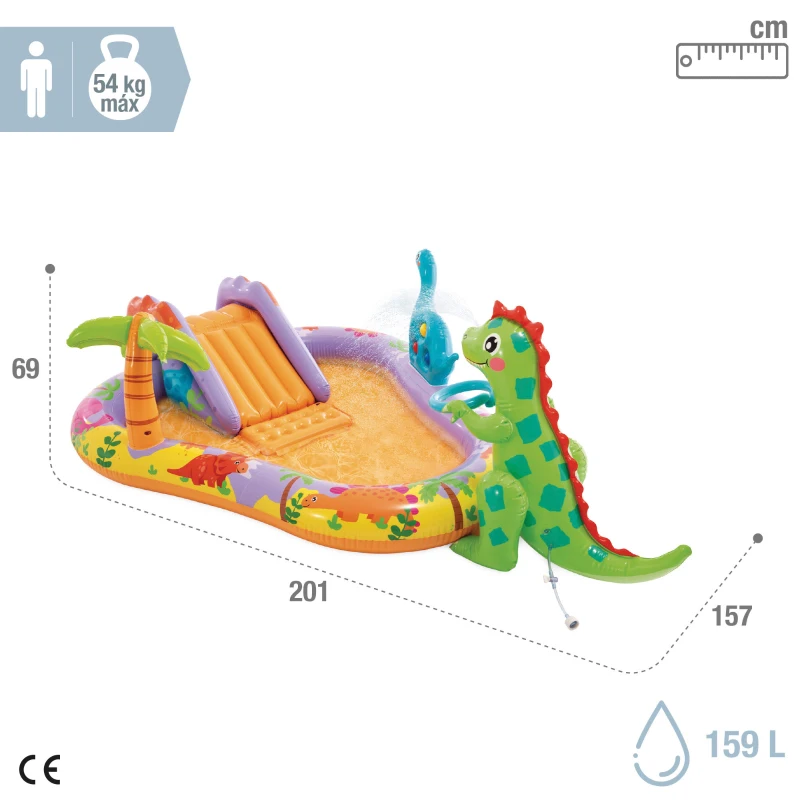 Centro de Juegos Acuático Hinchable Dino Park con Tobogán y Rociador, 201x157x69 Cm, Multicolor