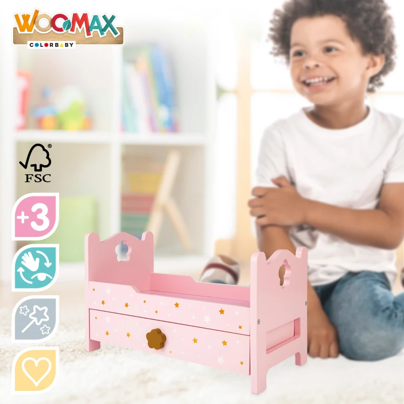 Cama para Muñecas de Madera con Cajón Extraíble, 31x16x20 Cm, Rosa