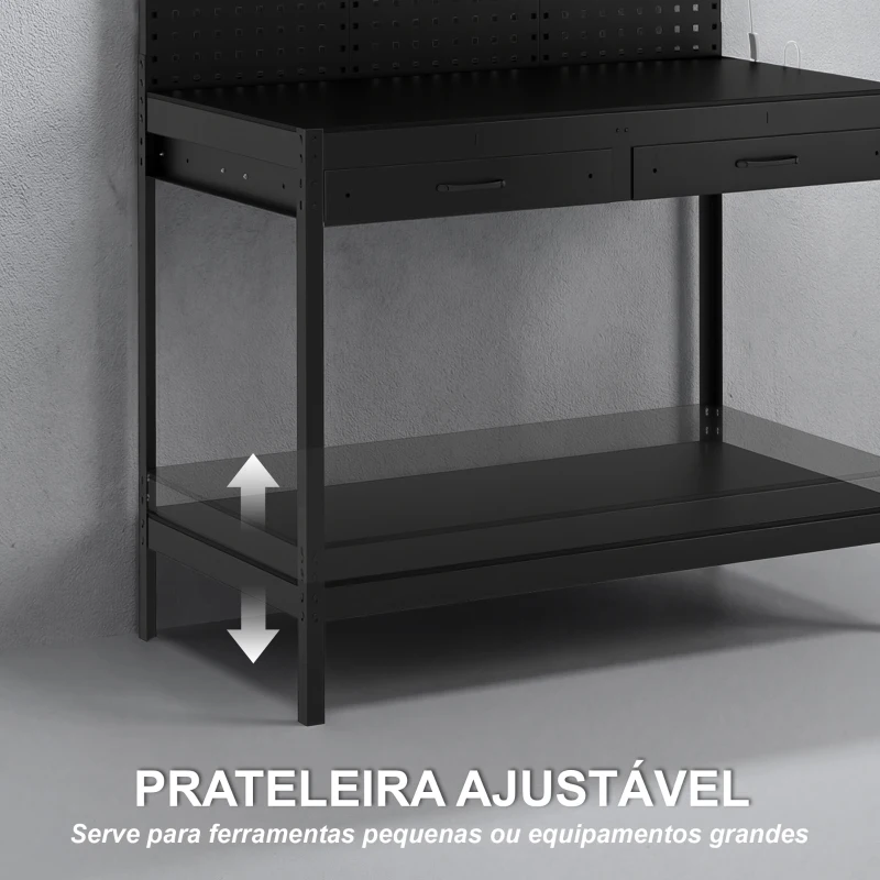 HOMCOM Banco de Trabalho Suporta 272 kg 110x60x150 cm com Painéis Perfurados Metálicos Tomadas Luzes LED Gavetas Preto