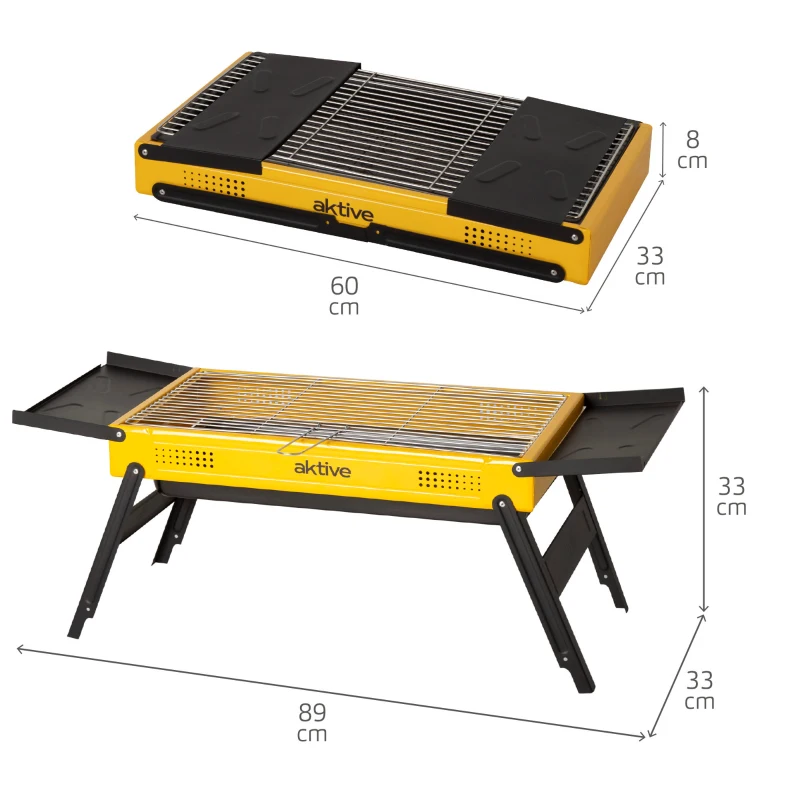 Barbacoa de Carbón Plegable Aktive con Bandejas Laterales, 89x33x33 Cm, Negro