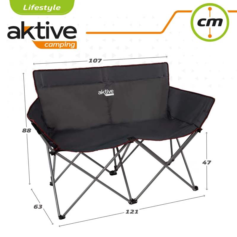 Silla de Camping Doble Plegable con Estructura de Acero, 107x63x88 Cm, Negro
