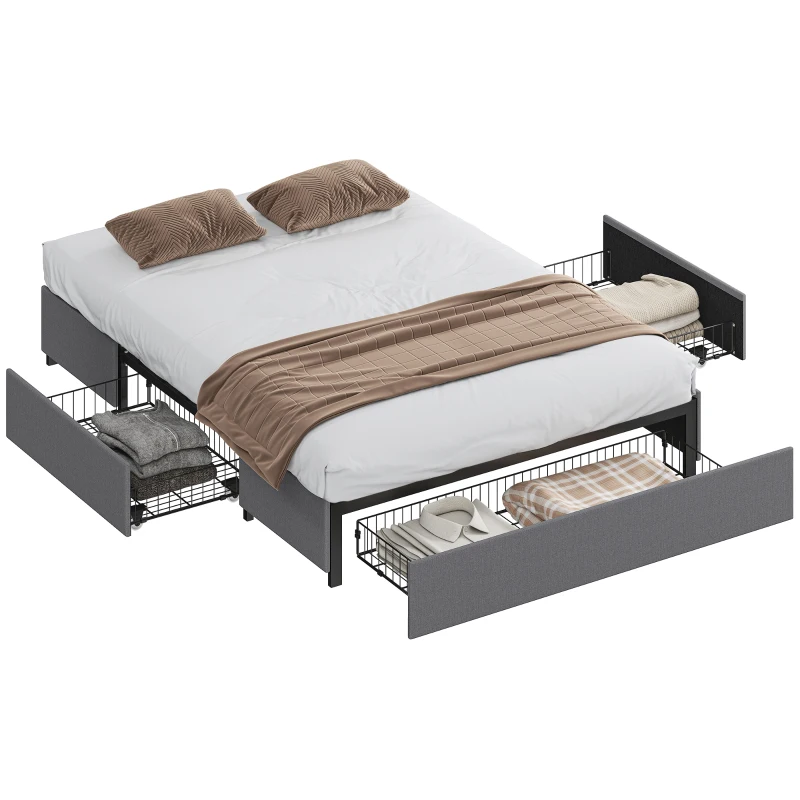 HOMCOM Cama de Casal 140x190 cm Estrado com 3 Gavetas e Estrutura Metálica Suporta 363 kg Cinzento
