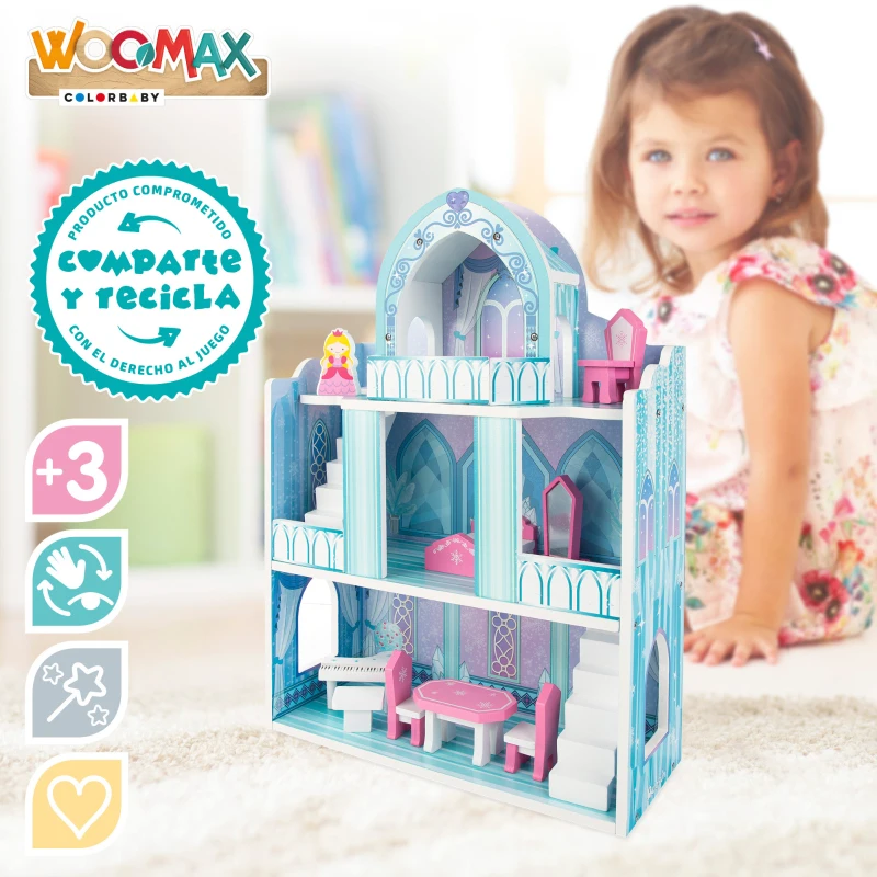 Castillo de Princesas de Madera 3 Plantas WOOMAX, 37x15x53,5 Cm, Rosa y Azul