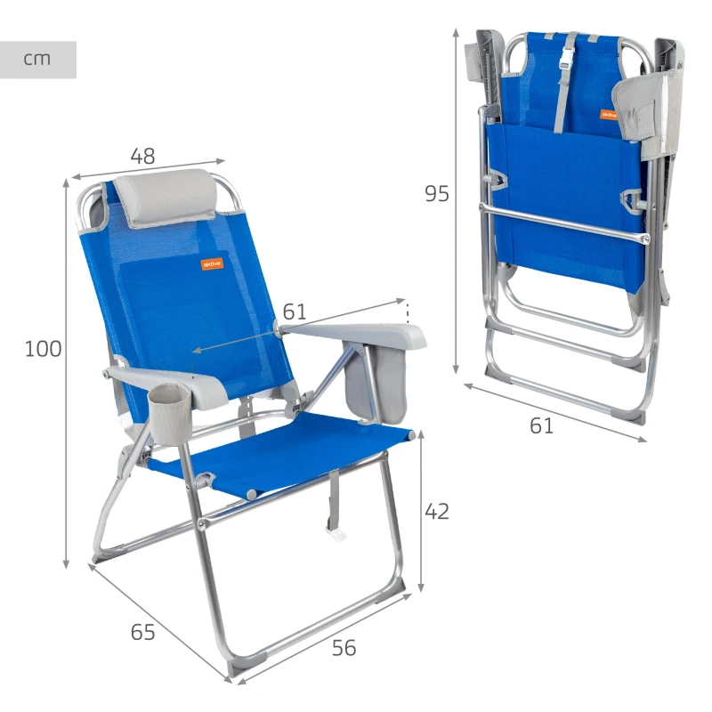 Silla de Playa Plegable Superresistente Reclinable 48x65x100 Cm, Azul y Gris