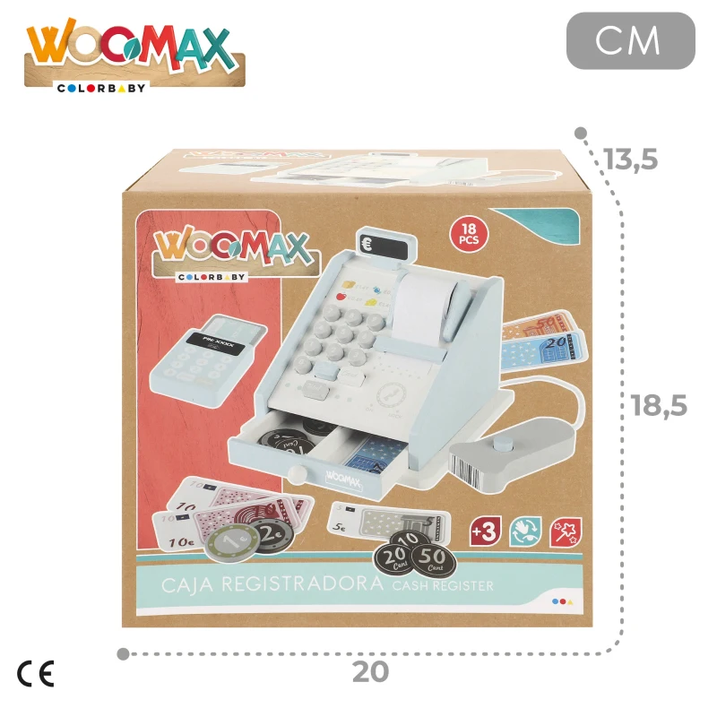 Caja Registradora de Madera Woomax, con 18 Piezas, 18x18x15 Cm, Azul y Gris