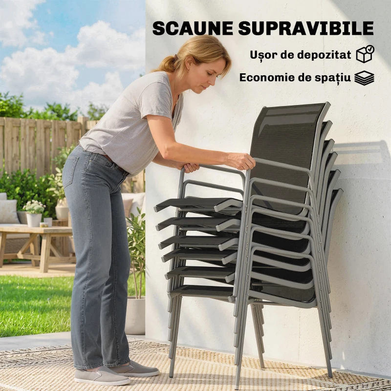 Set mobilier de grădină Outsunny, 7 piese, cu 6 scaune stivuibile din Textilenă și masă cu blat din sticlă, Negru și Argintiu