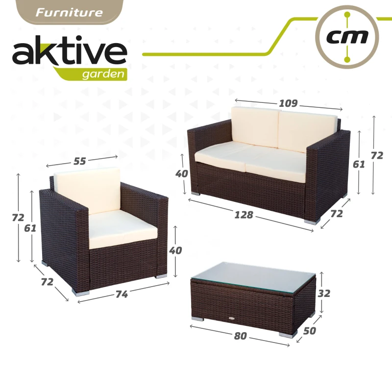 Conjunto Muebles Jardín Aktive Ratán Sintético y Cojines Acolchados, 128x72x72 Cm, Marrón Oscuro