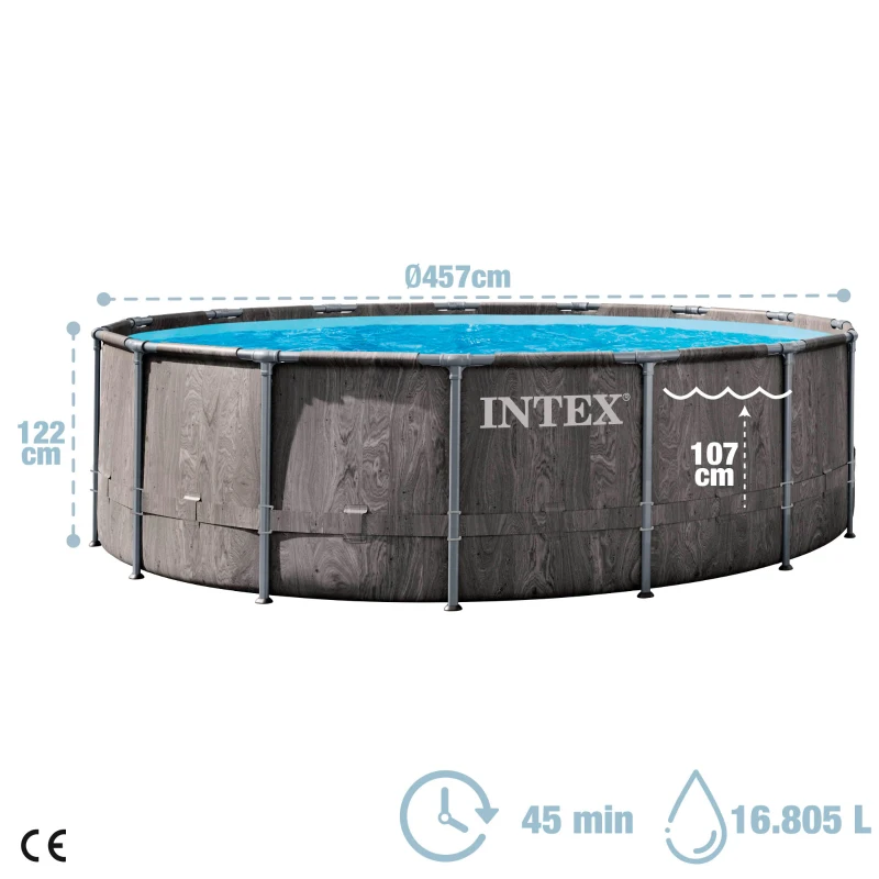 Piscina Desmontable Redonda INTEX Prisma Frame Greywood con Depuradora, 457x122 Cm, Gris