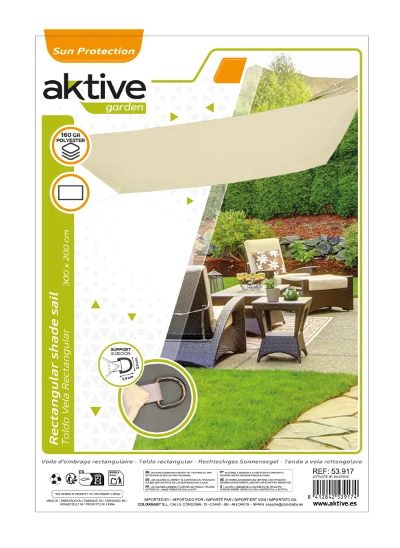 Toldo Vela Rectangular Aktive Garden Poliéster 160 G/m², 300x200 Cm, Crema