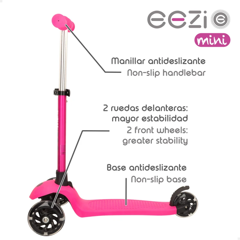 Patinete 3 Ruedas Infantil Aluminio Manillar Desmontable, 26x61x62,5 Cm, Fucsia