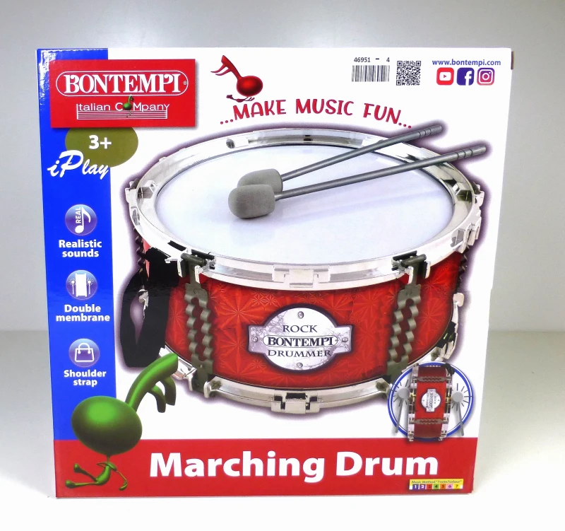 Tambor de Marcha Bontempi Doble Membrana con Baquetas y Correa, 30,5x13,5 Cm, Rojo