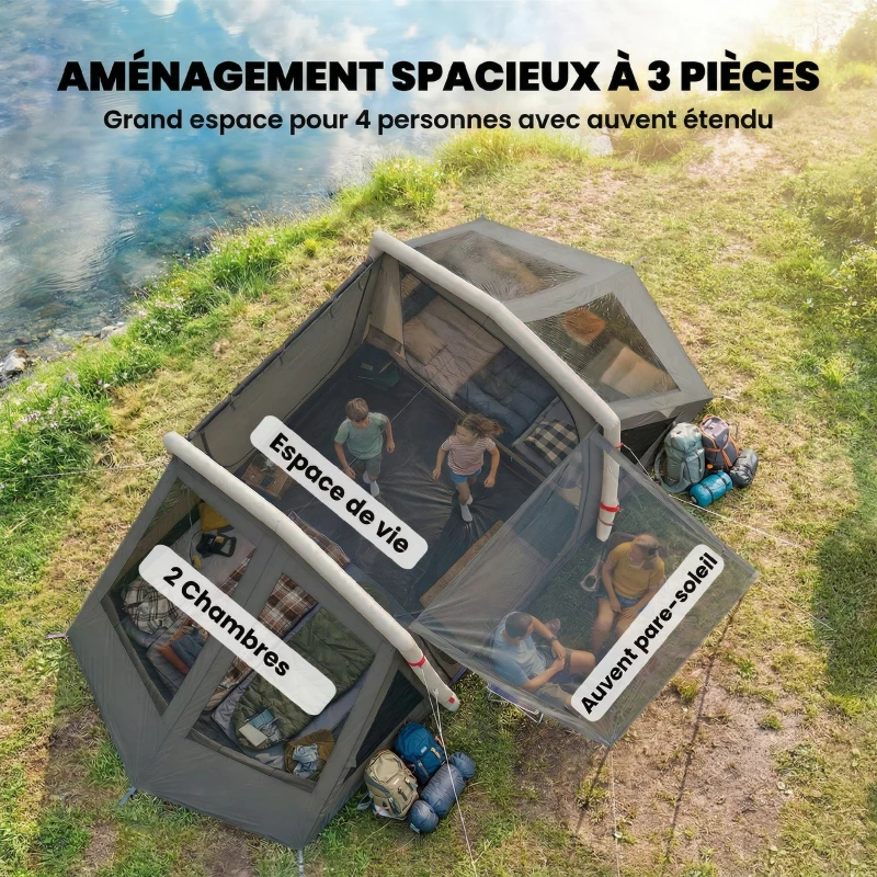 Outsunny Tente Gonflable de Camping 4 Personnes Blackout Tente à Air 5,8m de Long 2 Chambres et Séjour 580x270x202cm Gris Foncé