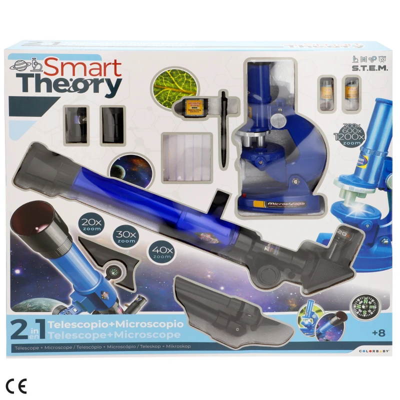 Set Telescopio y Microscopio Educativo STEAM, 3 Aumentos, Luz, 44x8x39 Cm, Multicolor