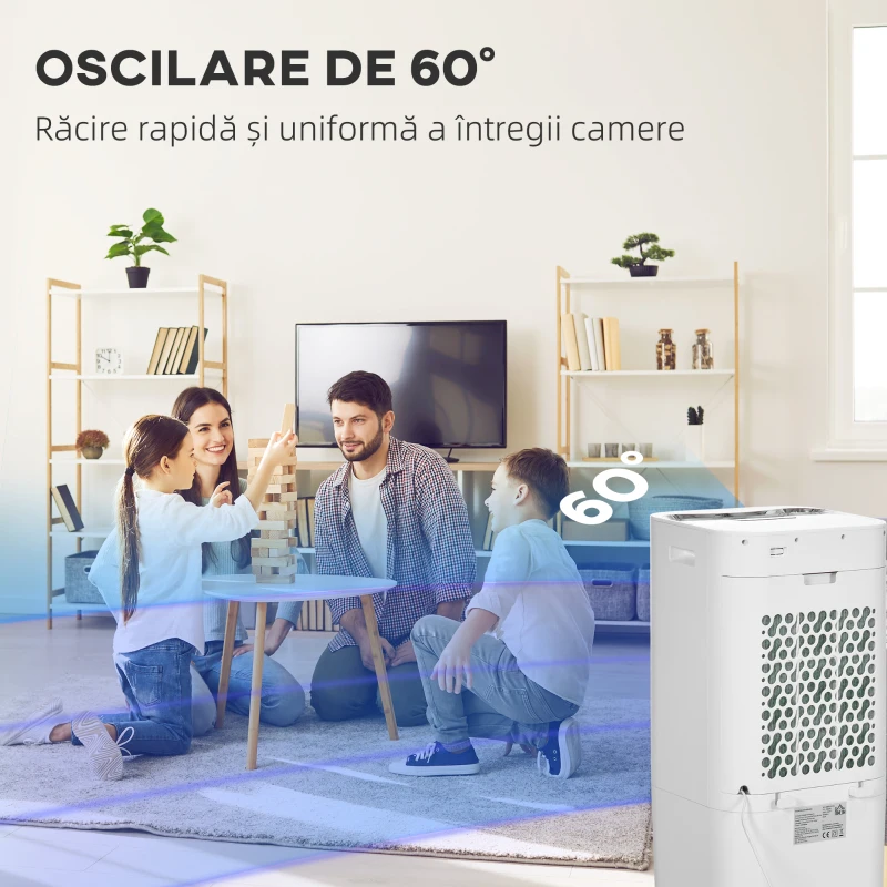 HOMCOM Răcitor Evaporativ și Ventilator cu Gheață 3 în 1 cu 3 Viteze și Cronometru, 32x37x74 cm, Alb